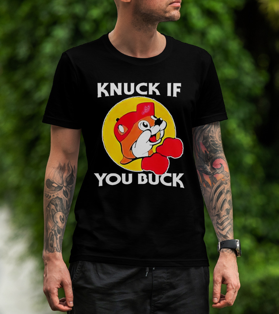 Knuck If You Buck Buc Ees Logo Red Cap Yellow Circle Boxing Gloves T-Shirt
