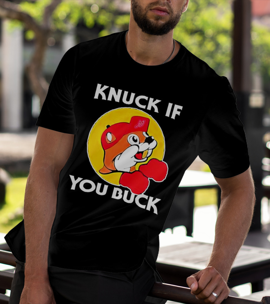 Knuck If You Buck Buc Ees Logo Red Cap Yellow Circle Boxing Gloves T-Shirt