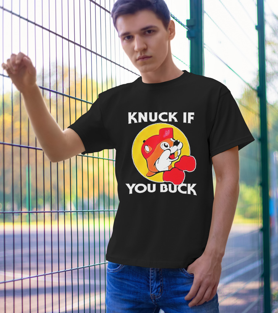 Knuck If You Buck Buc Ees Logo Red Cap Yellow Circle Boxing Gloves T-Shirt