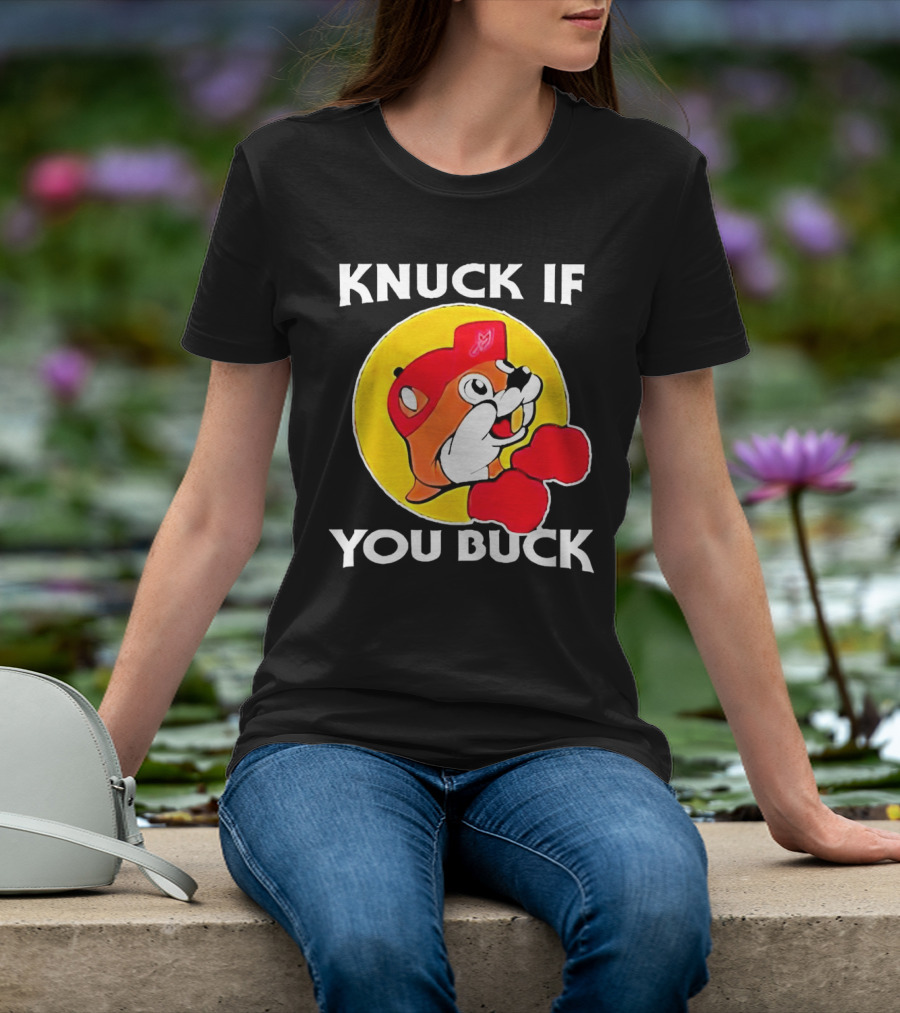 Knuck If You Buck Buc Ees Logo Red Cap Yellow Circle Boxing Gloves T-Shirt