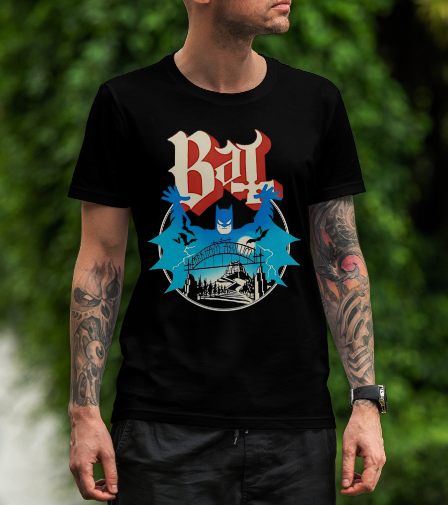 Bat Gotham Asylum Blue Bat Symbol And Red Gothic Font T-Shirt