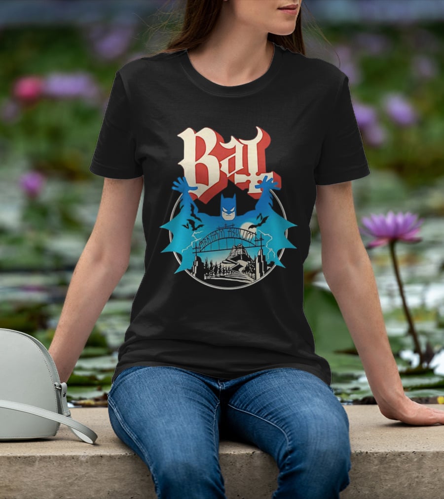 Bat Gotham Asylum Blue Bat Symbol And Red Gothic Font T-Shirt