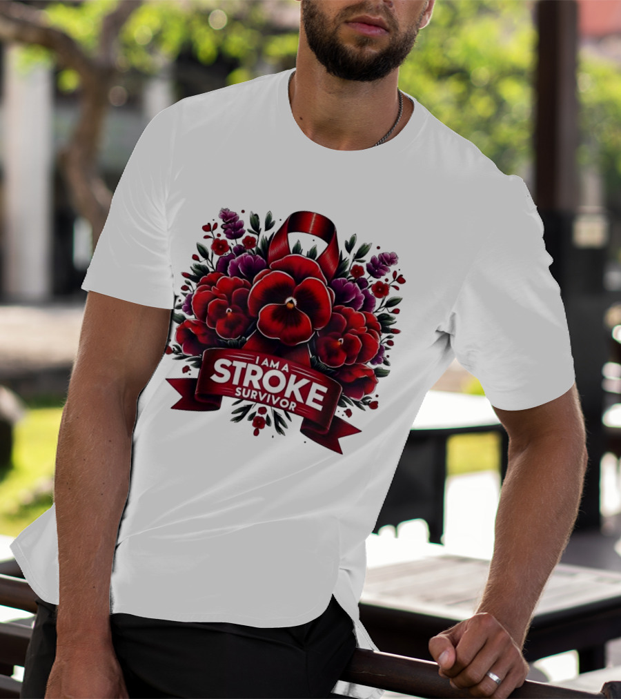 I Am A Stroke Survivor Red Ribbon And Floral Bouquet T-Shirt