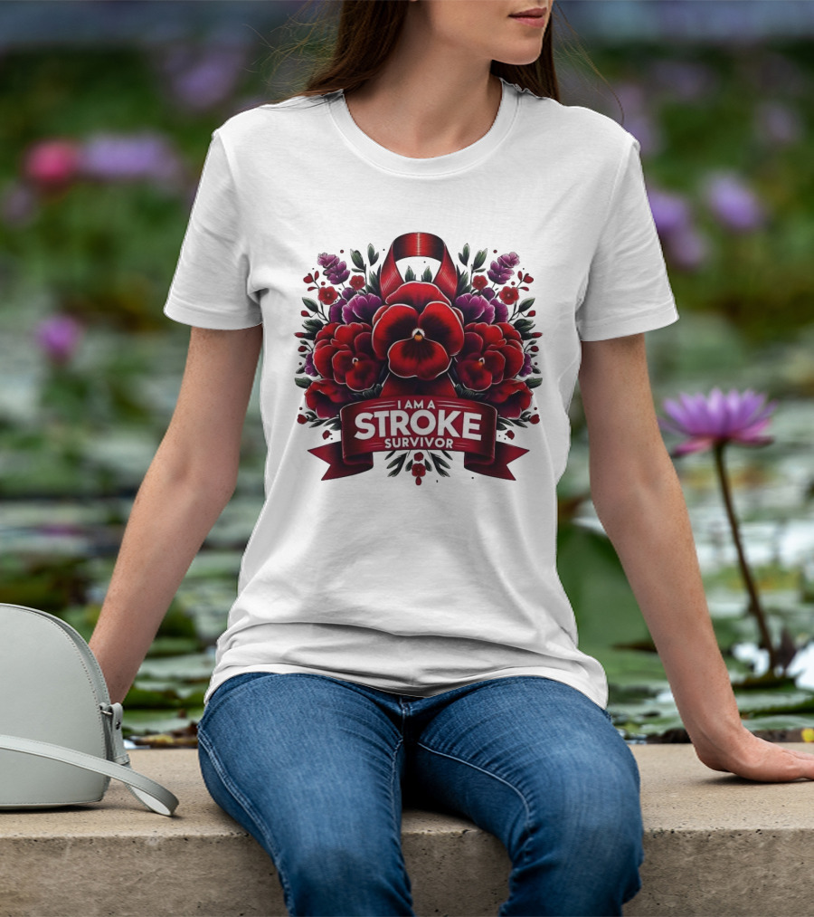 I Am A Stroke Survivor Red Ribbon And Floral Bouquet T-Shirt