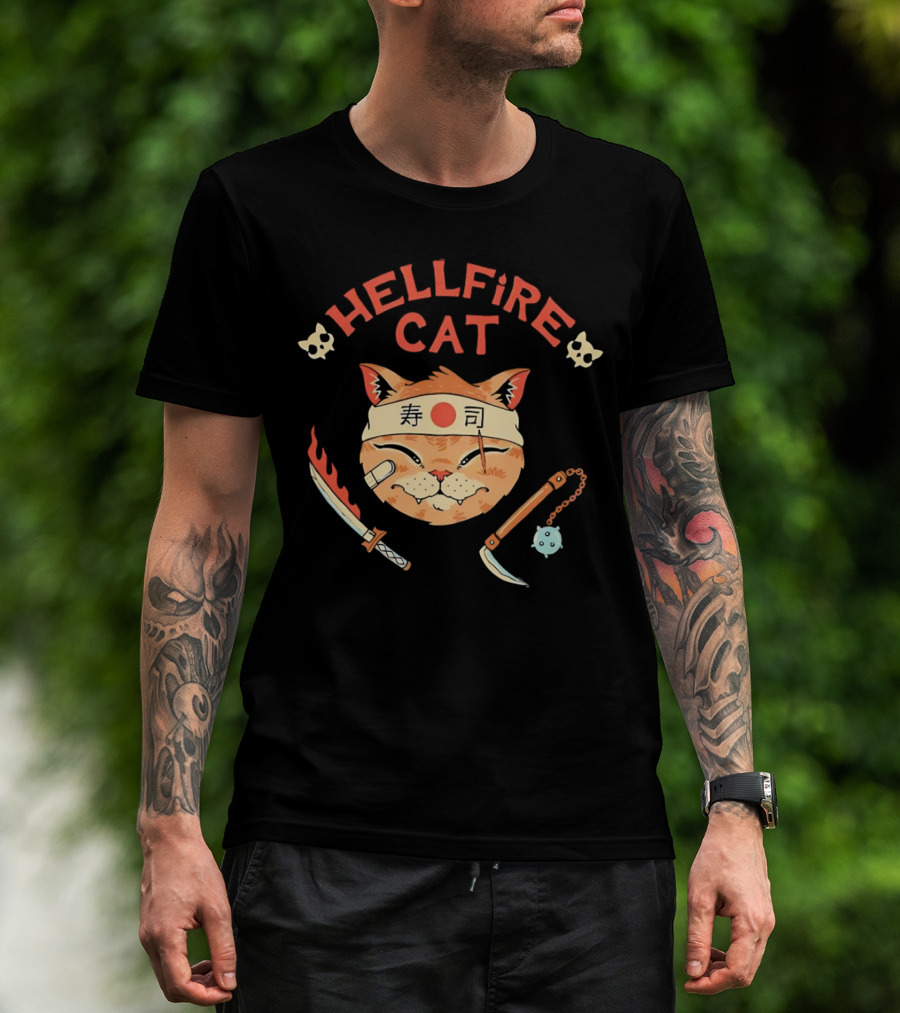 Hellfire Cat Sushi Samurai With Nunchaku And Flaming Sword T-Shirt