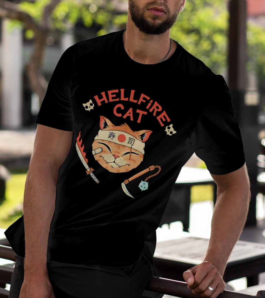 Hellfire Cat Sushi Samurai With Nunchaku And Flaming Sword T-Shirt