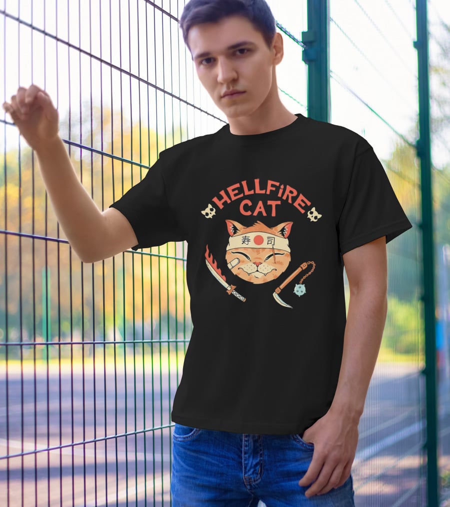 Hellfire Cat Sushi Samurai With Nunchaku And Flaming Sword T-Shirt