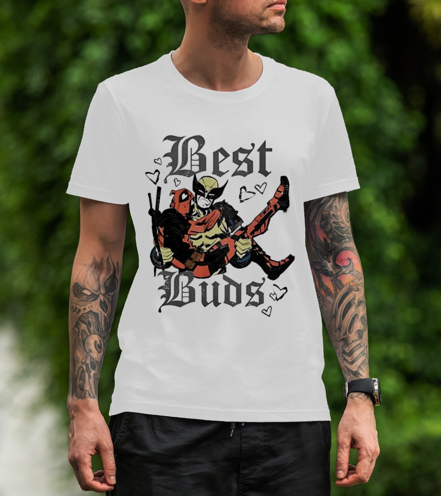Best Buds Wolverine Carrying Deadpool With Hearts T-Shirt