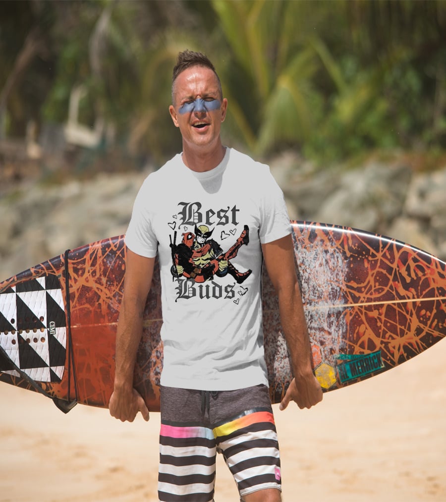 Best Buds Wolverine Carrying Deadpool With Hearts T-Shirt