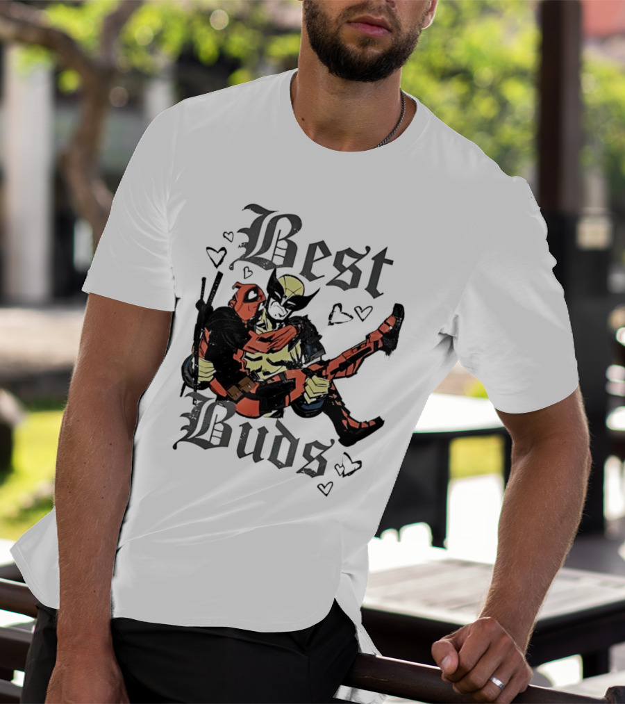 Best Buds Wolverine Carrying Deadpool With Hearts T-Shirt