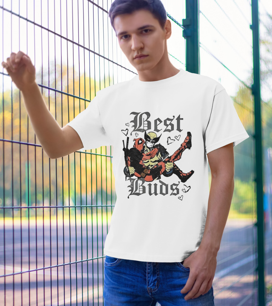 Best Buds Wolverine Carrying Deadpool With Hearts T-Shirt