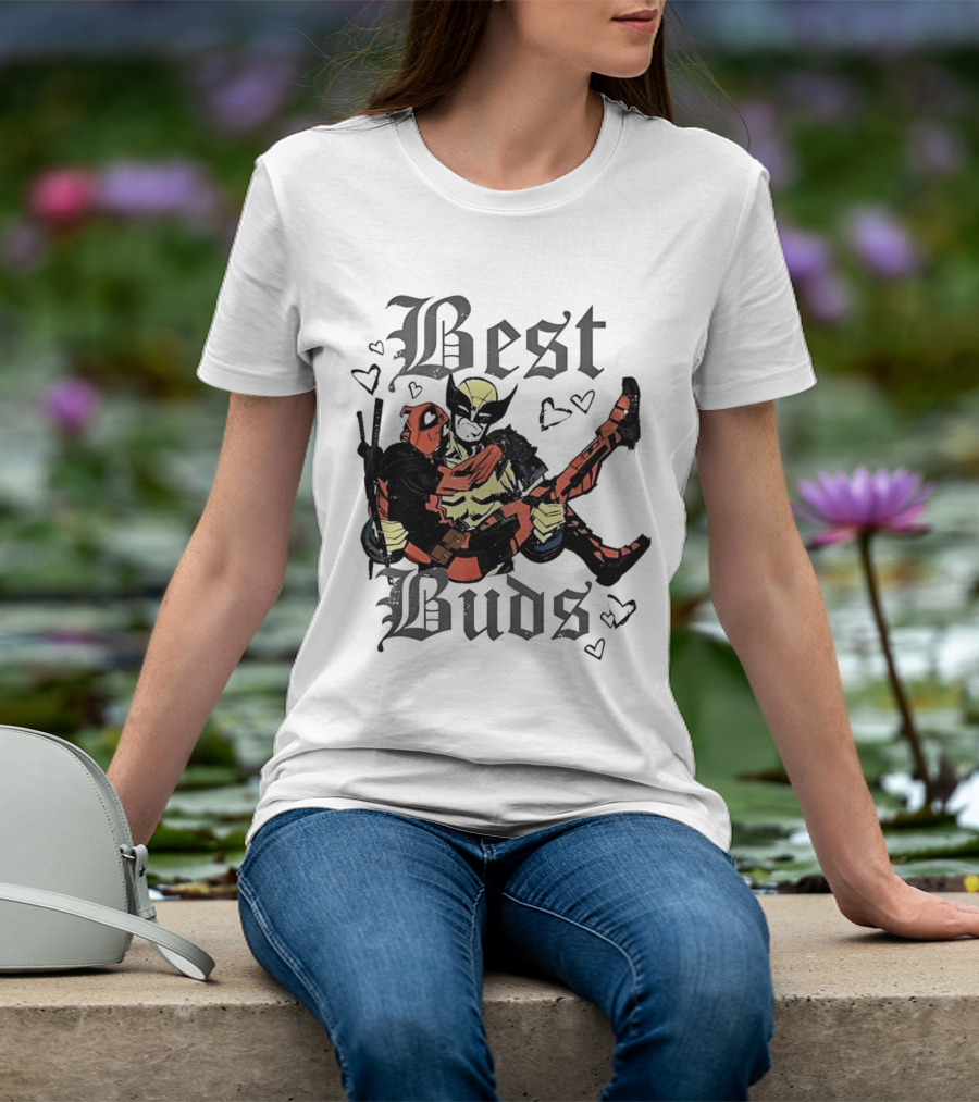 Best Buds Wolverine Carrying Deadpool With Hearts T-Shirt