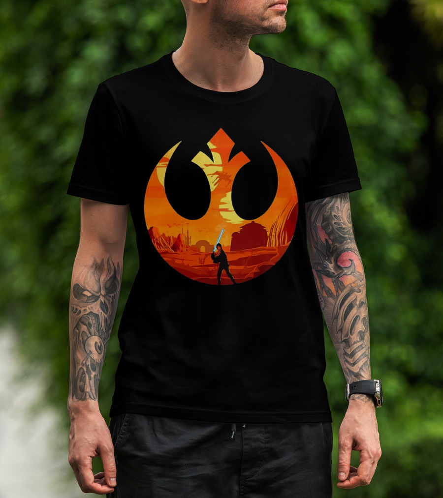 Luke Skywalker The Knight Farmer Tatooine Rebel Symbol Sunset Scene T-Shirt