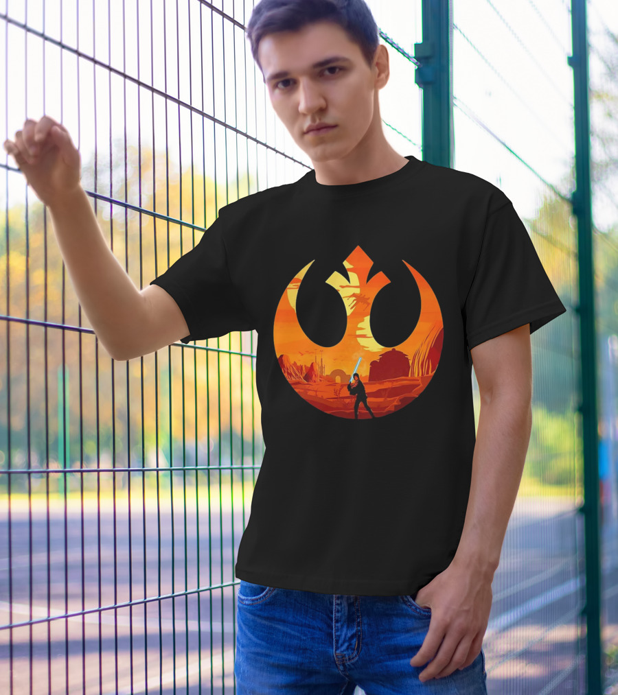 Luke Skywalker The Knight Farmer Tatooine Rebel Symbol Sunset Scene T-Shirt