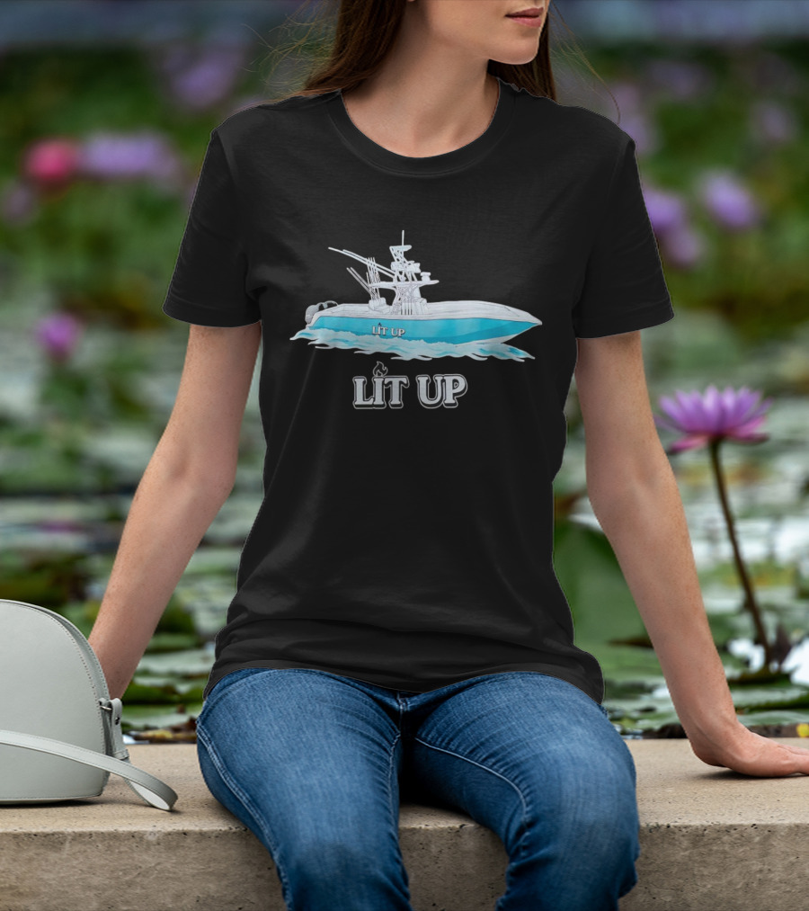 LIT UP Boat Illuminated With Blue Waves T-Shirt