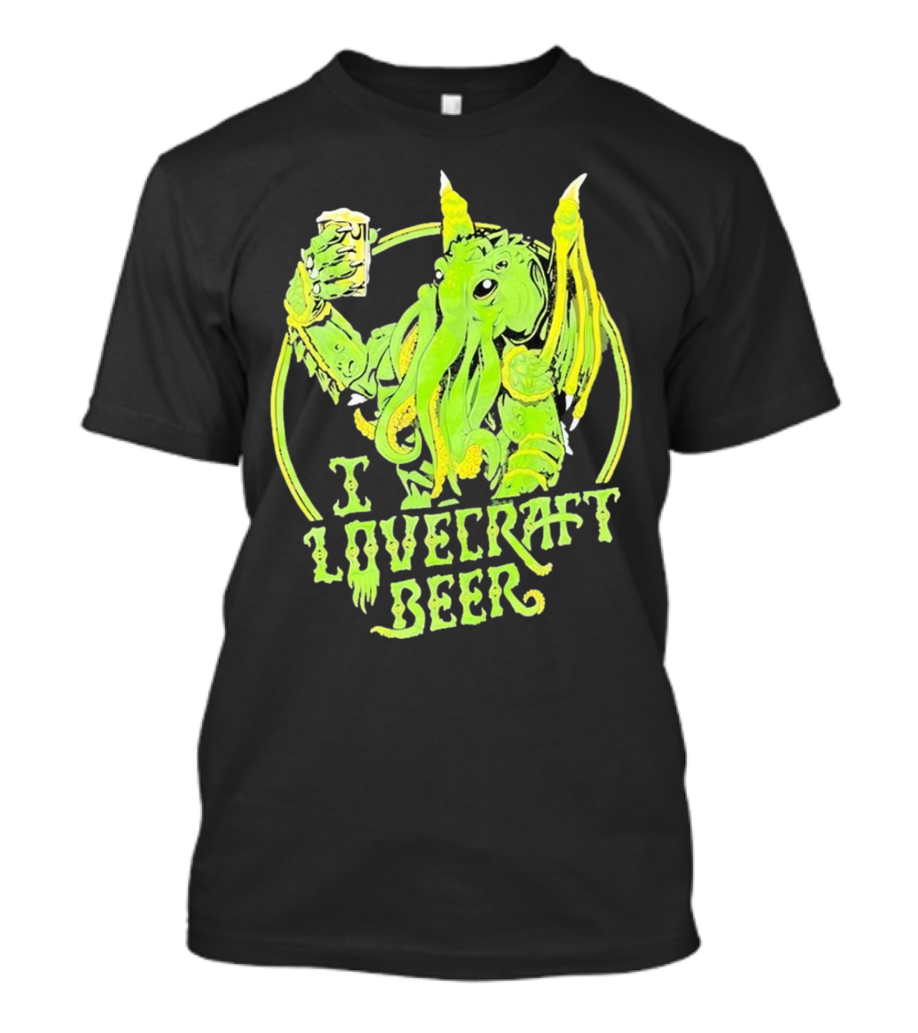 Cthulhu I Love Craft Beer Green Creature Holding Mug T-Shirt