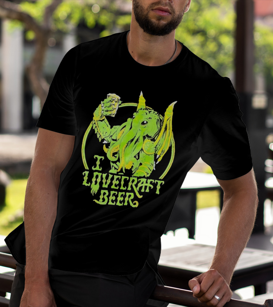 Cthulhu I Love Craft Beer Green Creature Holding Mug T-Shirt