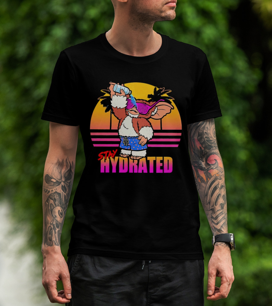 Stay Hydrated Gizmo Summer Beach Vibes With Sunset And Palm Trees T-Shirt