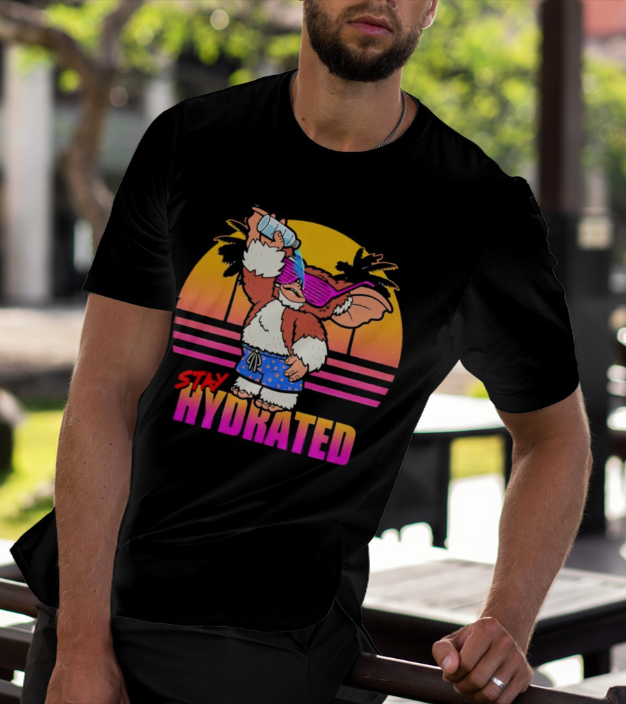 Stay Hydrated Gizmo Summer Beach Vibes With Sunset And Palm Trees T-Shirt