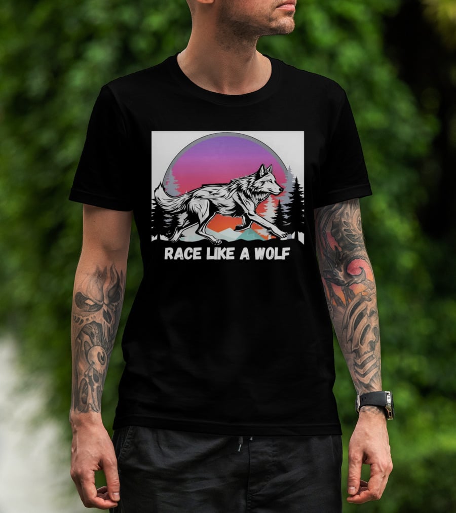 Race Like A Wolf Running Through Forest Silhouette At Sunset T-Shirt