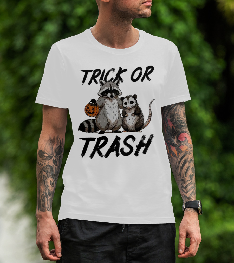 Trick Or Trash Halloween Raccoon With Pumpkin T-Shirt