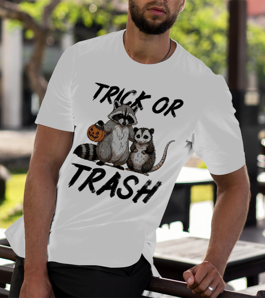 Trick Or Trash Halloween Raccoon With Pumpkin T-Shirt