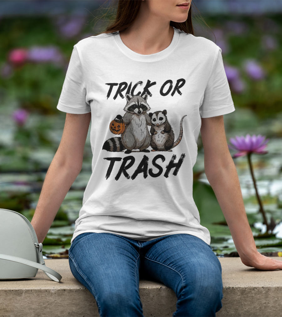 Trick Or Trash Halloween Raccoon With Pumpkin T-Shirt
