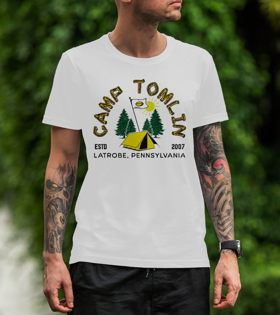 Camp Tomlin Established 2007 Latrobe Pennsylvania Football Camping Tent Trees Moon Sun T-Shirt