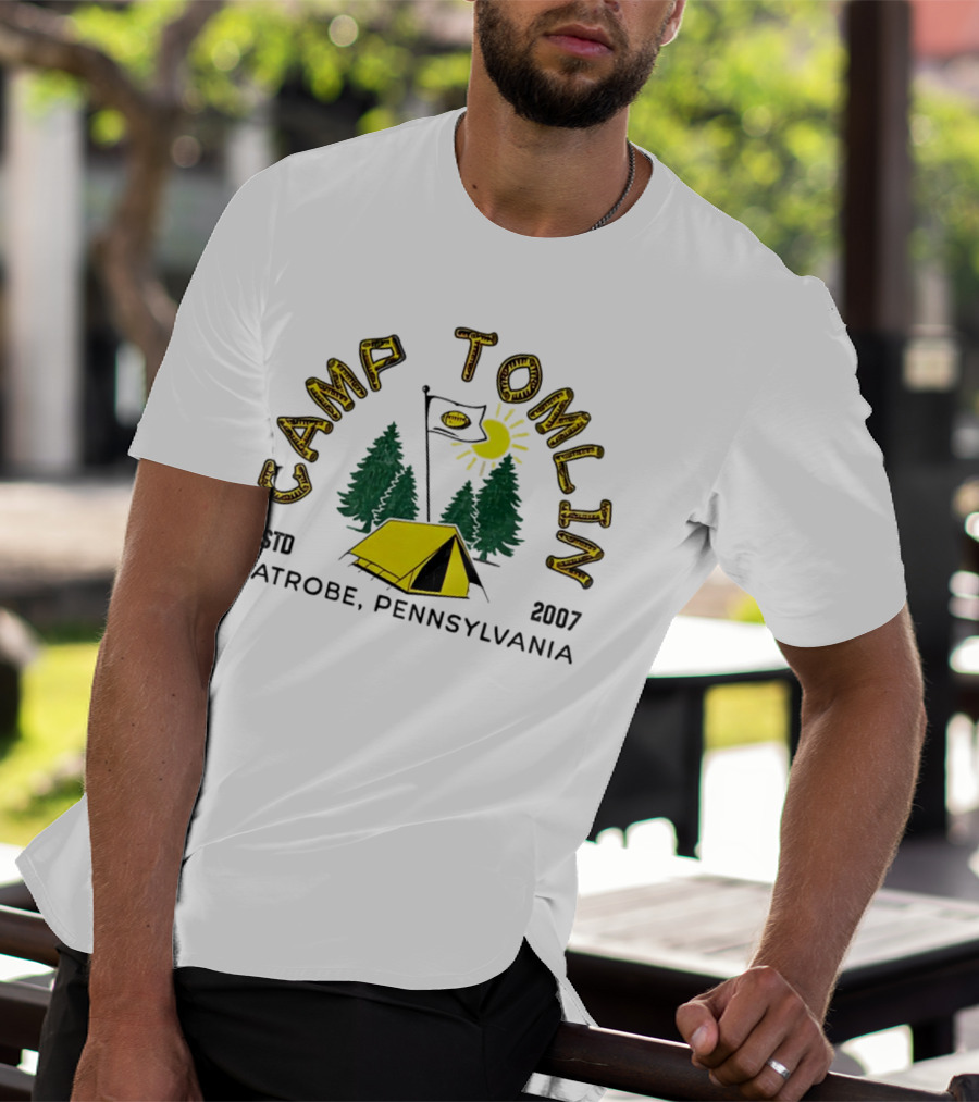 Camp Tomlin Established 2007 Latrobe Pennsylvania Football Camping Tent Trees Moon Sun T-Shirt