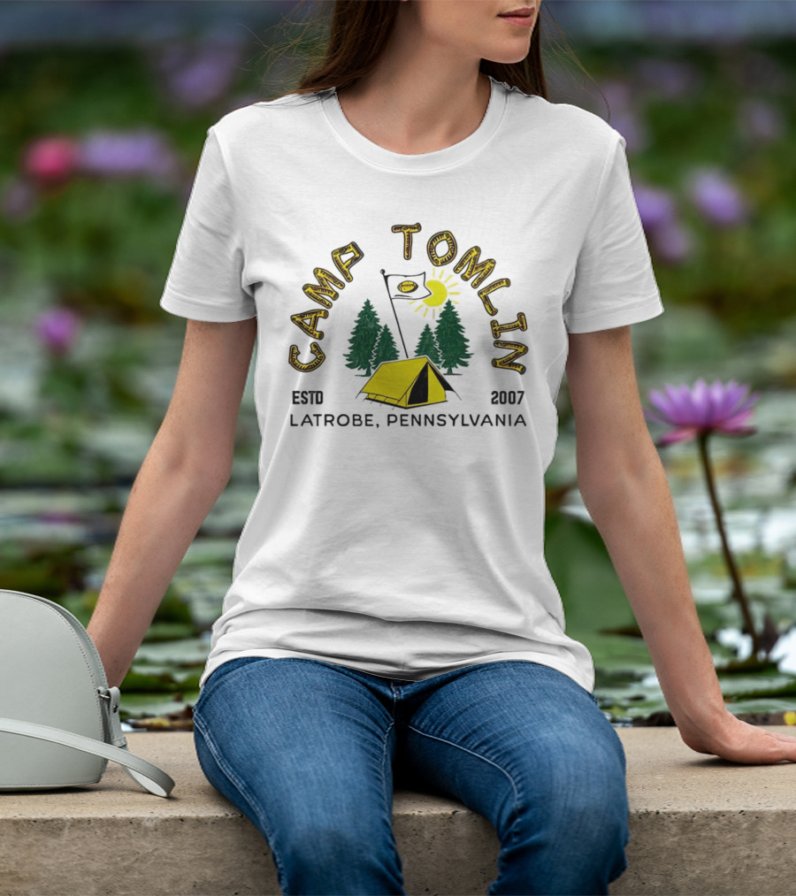 Camp Tomlin Established 2007 Latrobe Pennsylvania Football Camping Tent Trees Moon Sun T-Shirt