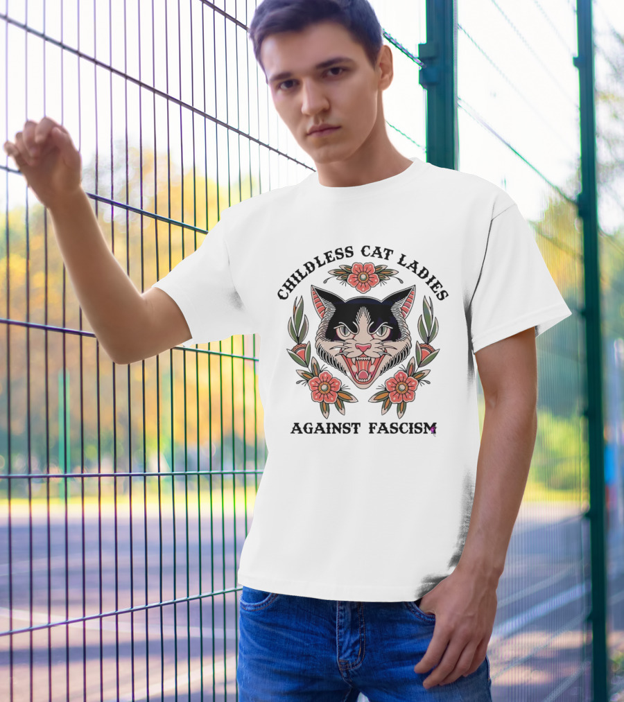 Childless Cat Ladies Against Fascism Fierce Cat With Flowers T-Shirt