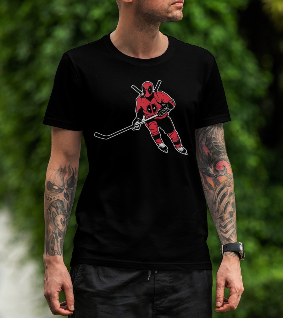 Deadpool Playing Hockey With Iconic Mask And Costume T-Shirt