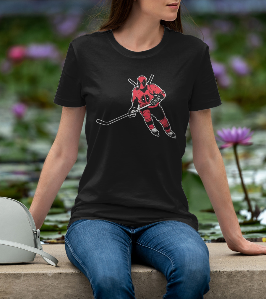 Deadpool Playing Hockey With Iconic Mask And Costume T-Shirt