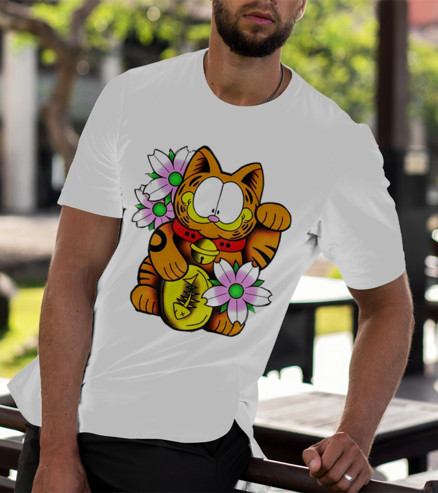 Garfield Maneki Neko With Fish Coin And Flowers T-Shirt