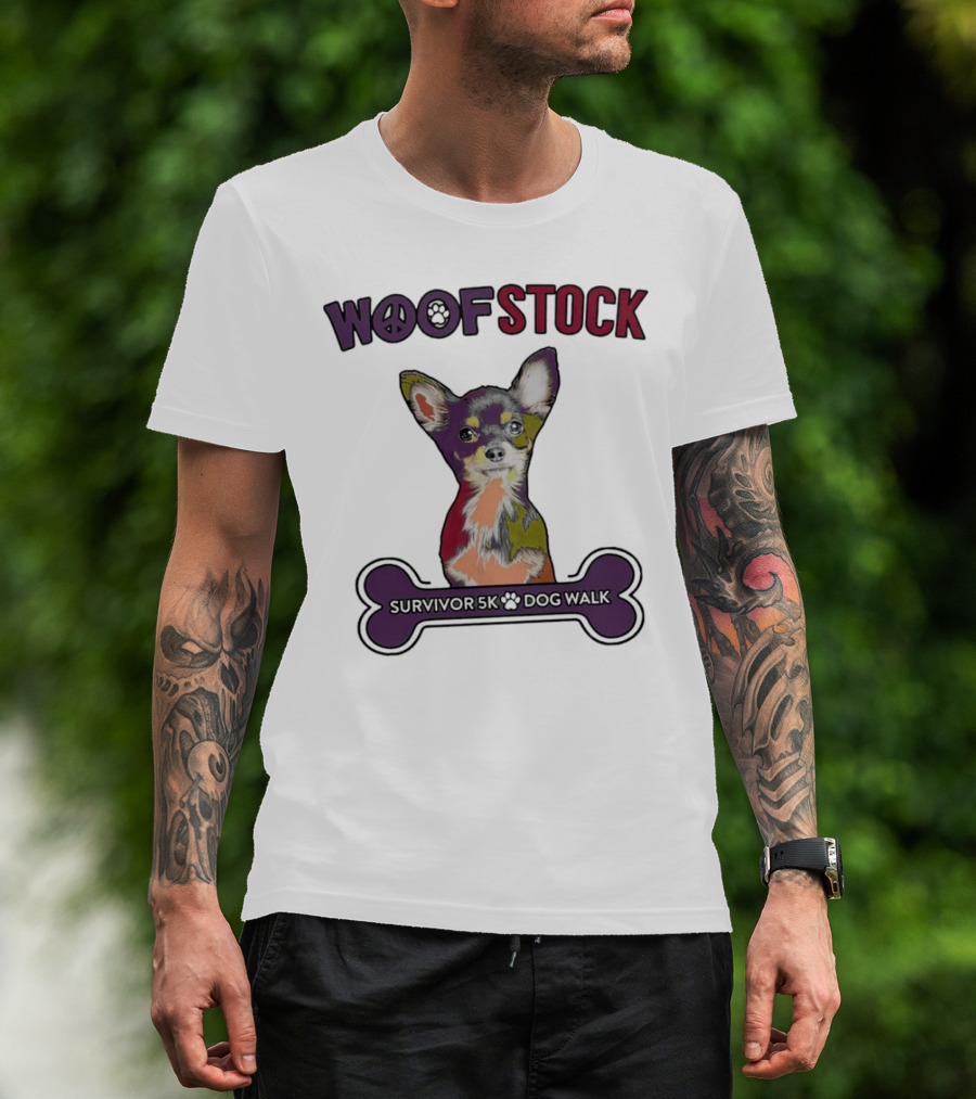 Woof Stock Peace Sign Survivor 5K Dog Walk Colorful Chihuahua Bone T-Shirt