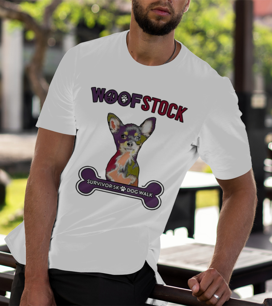 Woof Stock Peace Sign Survivor 5K Dog Walk Colorful Chihuahua Bone T-Shirt