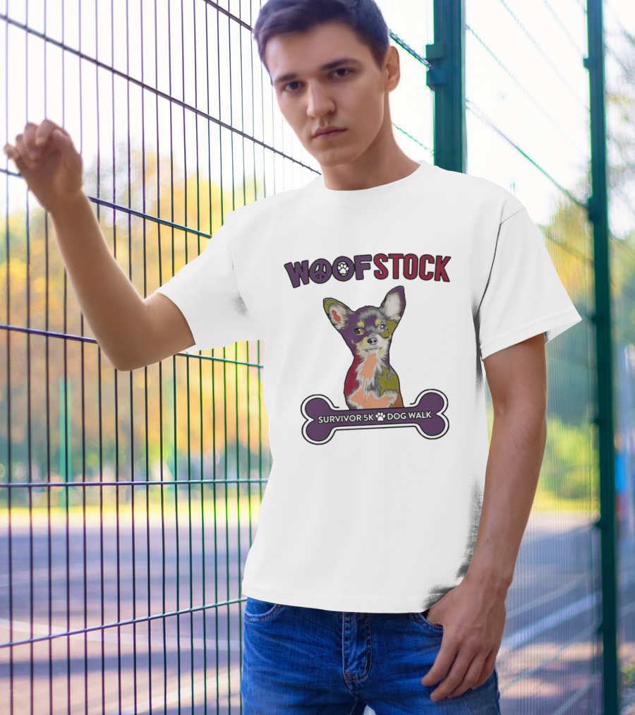 Woof Stock Peace Sign Survivor 5K Dog Walk Colorful Chihuahua Bone T-Shirt