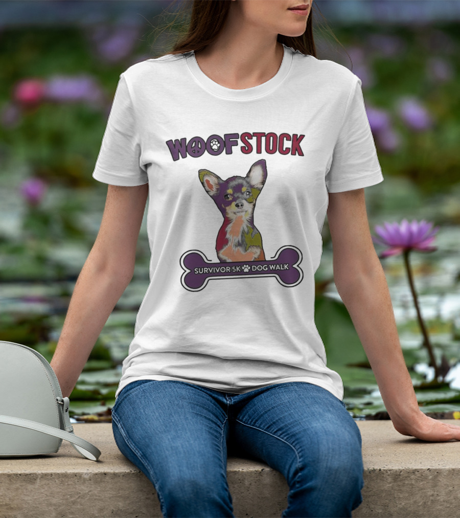 Woof Stock Peace Sign Survivor 5K Dog Walk Colorful Chihuahua Bone T-Shirt