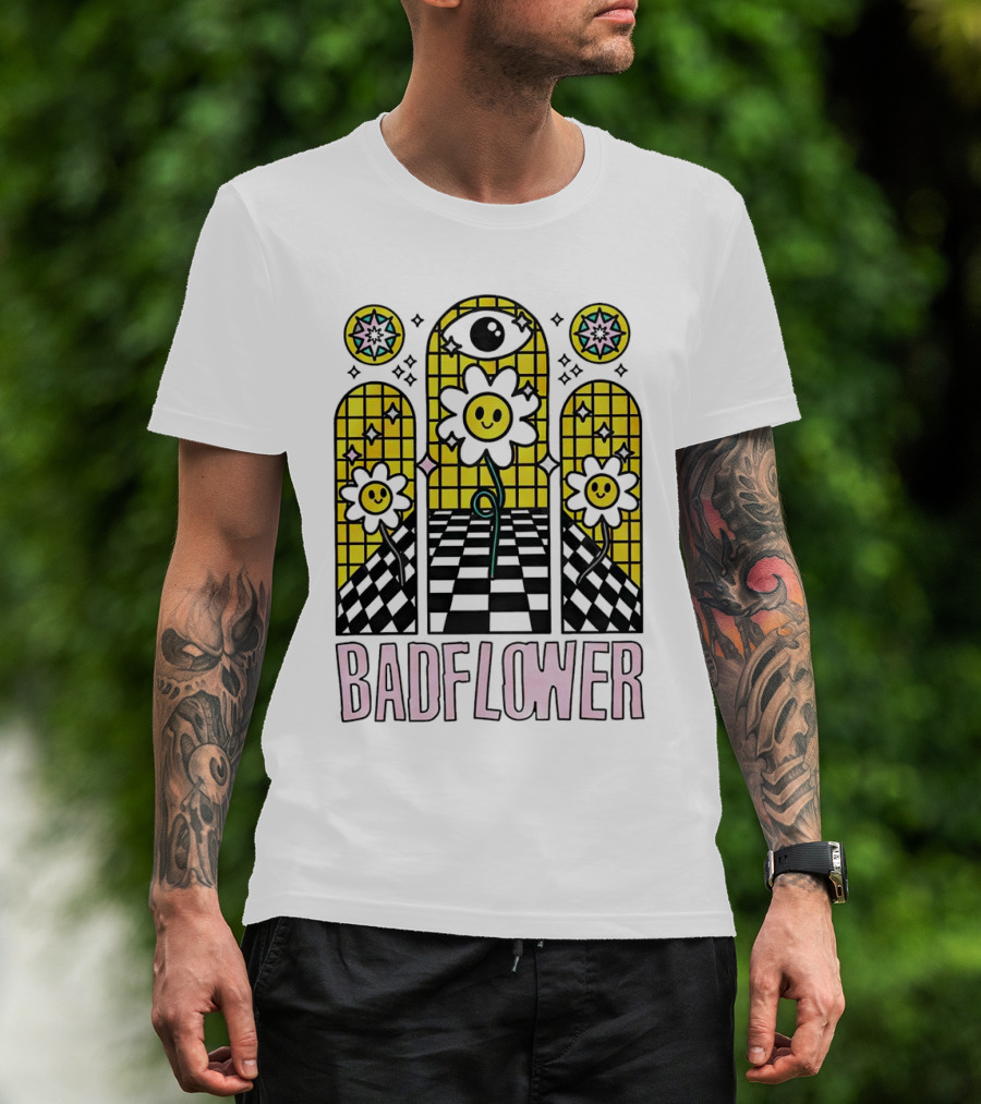 Badflower Eyeball Wall Happy Flowers Stained Glass T-Shirt