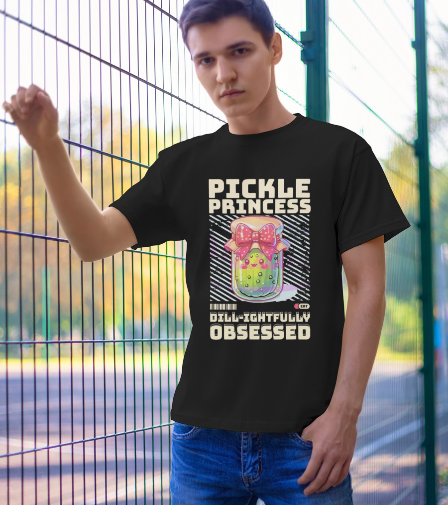 Pickle Princess Dill-ightfully Obsessed Retro Cute Jar With Bow And Barcode Eat T-Shirt
