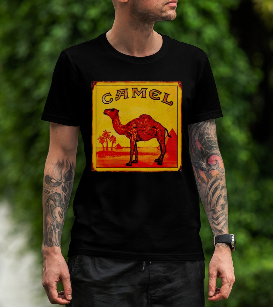 Vintage Camel Cigarettes Logo Yellow Square With Red Camel And Pyramids T-Shirt