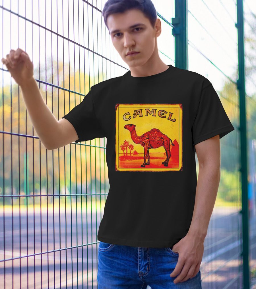 Vintage Camel Cigarettes Logo Yellow Square With Red Camel And Pyramids T-Shirt