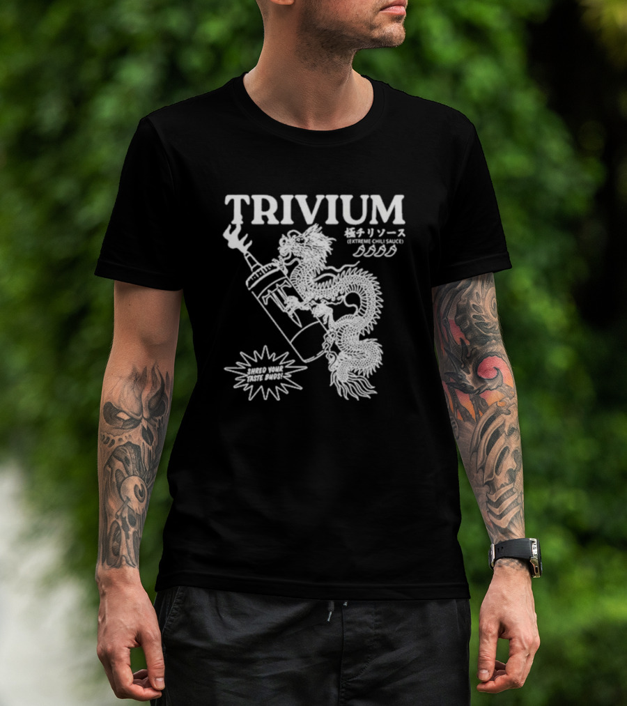 TRIVIUM Extreme Chili Sauce Shred Your Taste Buds Dragon Bottle T-Shirt