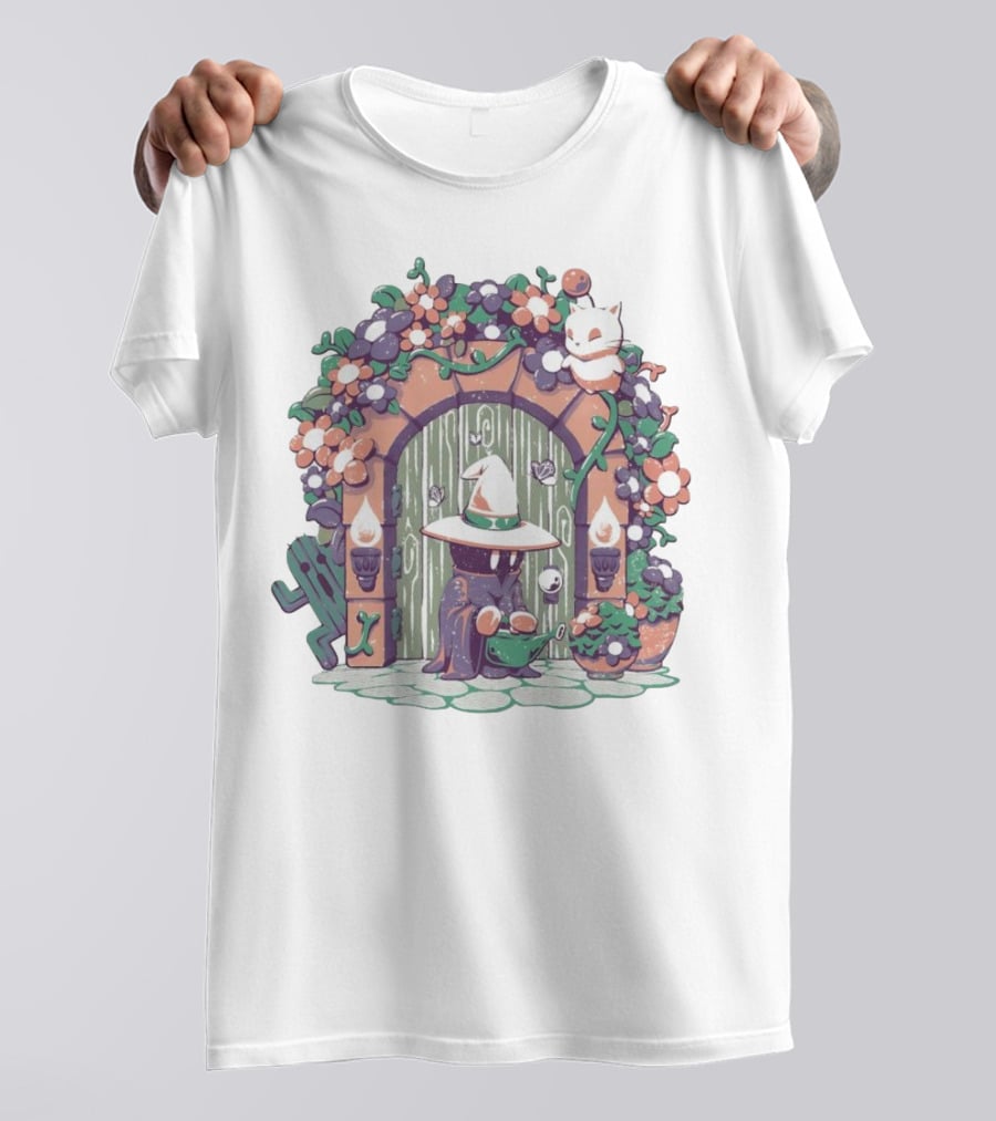 A Gardening Mage And Friends Enchanted Floral Doorway Fantasy Garden Scene T-Shirt