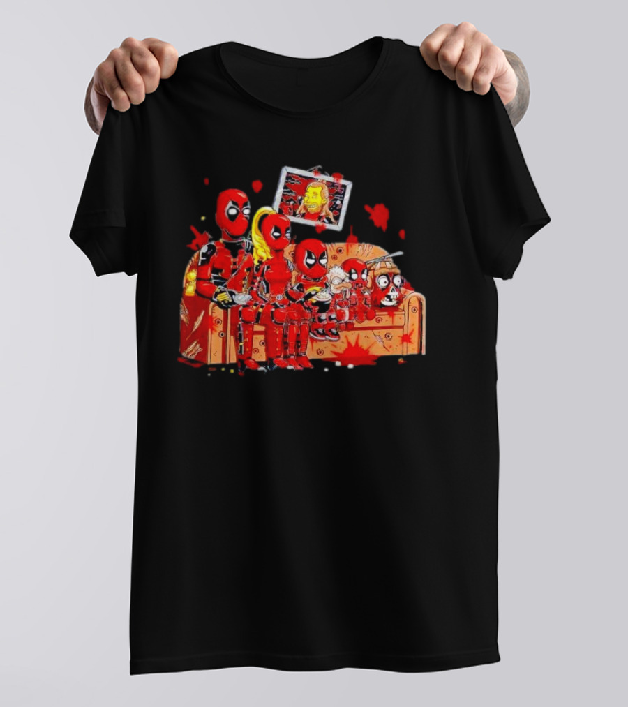 Deadpool Characters Sitting On Simpsons Couch With TV Screen T-Shirt