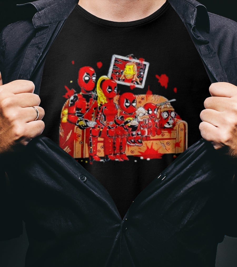 Deadpool Characters Sitting On Simpsons Couch With TV Screen T-Shirt