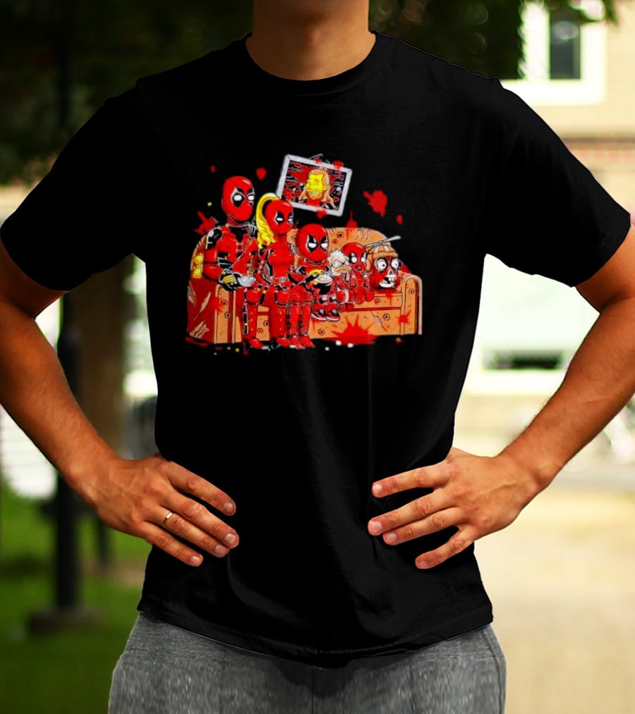 Deadpool Characters Sitting On Simpsons Couch With TV Screen T-Shirt