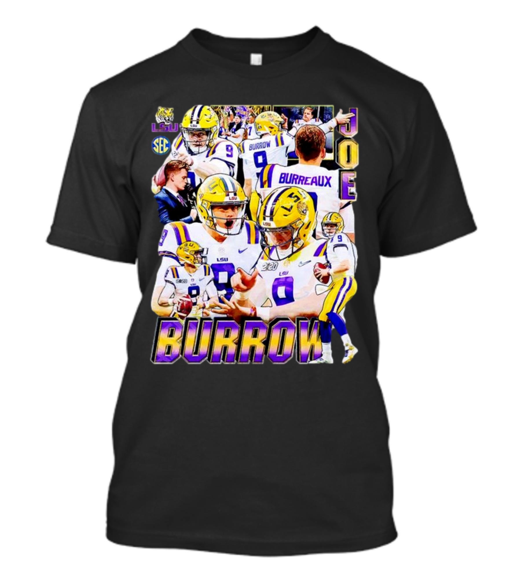 LSU Tigers Joe Burrow 9 SEC Football Burreaux Quarterback T-Shirt