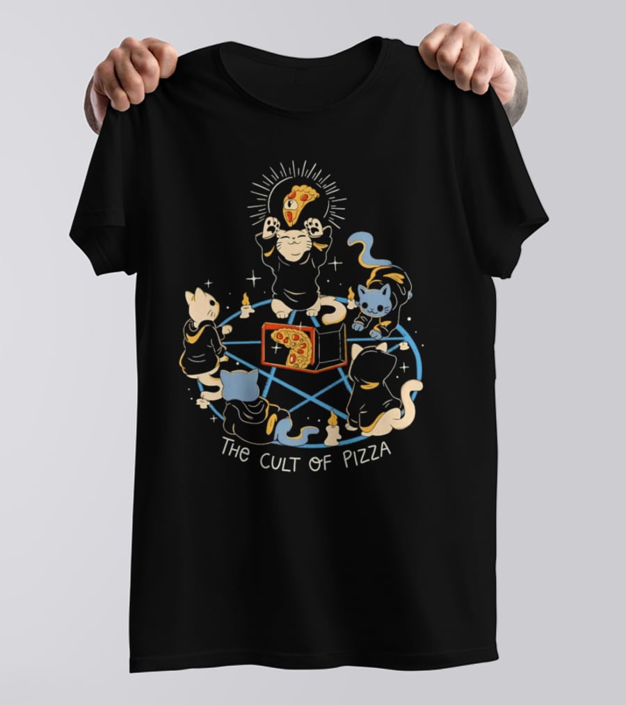 The Cult Of Pizza Cats Summoning Ceremony With Illuminated Slice And Mystical Blue Pentagram T-Shirt