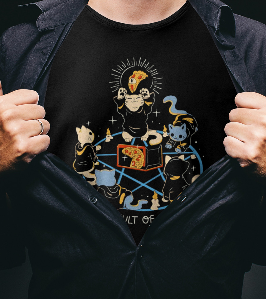 The Cult Of Pizza Cats Summoning Ceremony With Illuminated Slice And Mystical Blue Pentagram T-Shirt